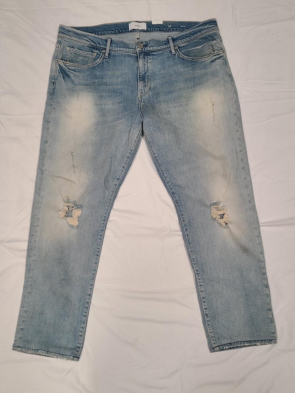 Ovadia New York Mens Distressed Slim Straight 002 Light Wash Blue Jeans Size 40